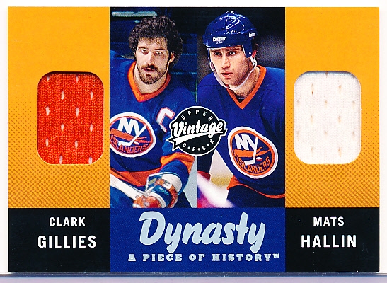 2000 Upper Deck Vintage Hockey- “Dynasty A Piece of History Dual Jerseys”- #GH Clark Gillies/ Mats Hallin, N.Y. Islanders