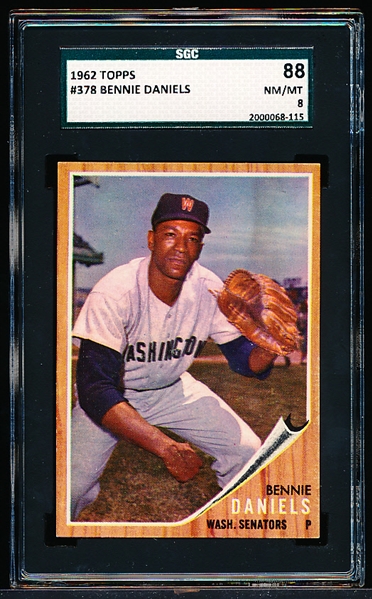 1962 Topps Baseball- #378 Bennie Daniels, Wash- SGC 88 (Nm-Mt 8)