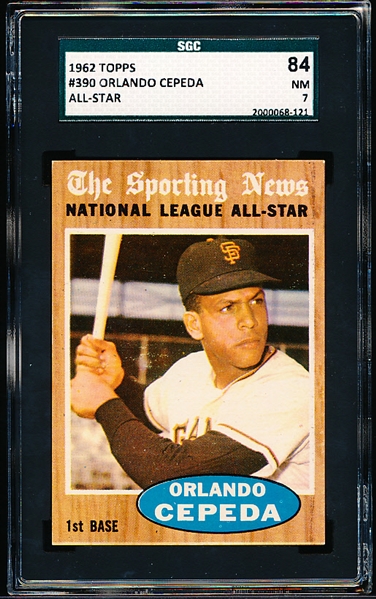 1962 Topps Bb- #390 Orlando Cepeda All Star- SGC 84 (NM 7)