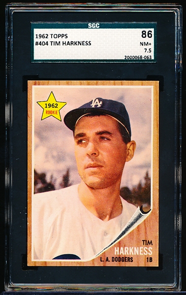 1962 Topps Baseball- #404 Tim Harkness, Dodgers- SGC 86 (NM+ 7.5)