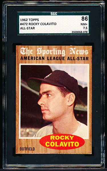 1962 Topps Baseball- #472 Rocky Colavito, Tigers All Star- SGC 86 (NM+ 7.5)