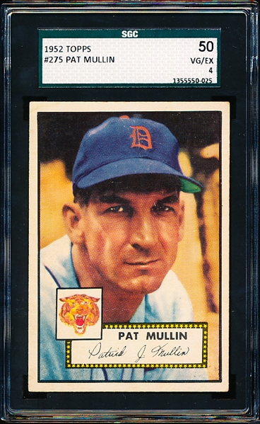 1952 Topps Baseball- #275 Pat Mullin, Detroit Tigers- SGC 50 (Vg-Ex 4)