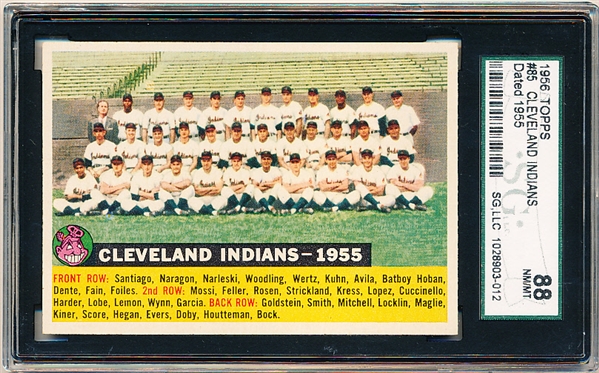 1956 Topps Baseball- #85 Cleveland Indians Team- Dated 1955- SGC 88 (Nm-Mt 8)- White back.