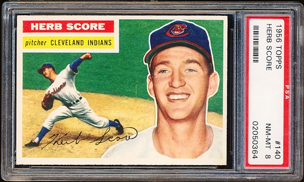 1956 Topps Baseball- #140 Herb Score, Cleveland- Rookie!- PSA Nm-Mt 8- Gray back.