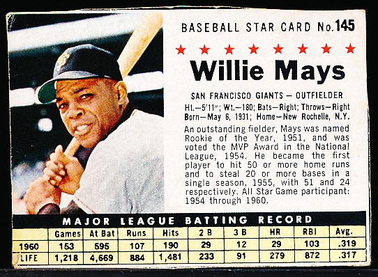 1961 Post Cereal Bb- #145 Willie Mays, Giants