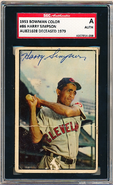 1953 Bowman Color Bsbl. #86 Harry Simpson, Indians- Autographed- SGC Certified/ Slabbed