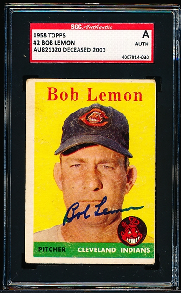 1958 Topps Bsbl. #2 Bob Lemon- Autographed- SGC Certified/ Slabbed