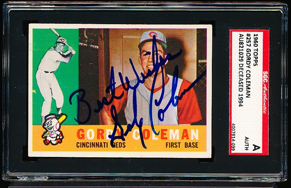 1960 Topps Bsbl. #257 Gordy Coleman, Reds- Autographed- SGC Certified/ Slabbed