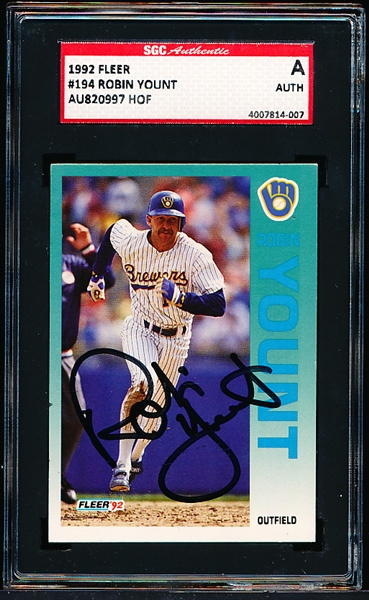 1992 Fleer Bsbl. #194 Robin Yount- Autographed- SGC Certified/ Slabbed