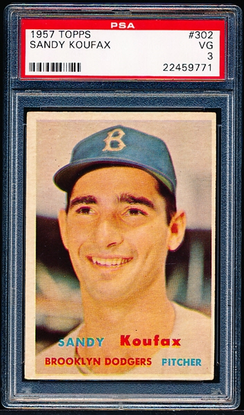 1957 Topps Baseball- #302 Sandy Koufax, Dodgers- PSA Vg 3- Semi Hi#.