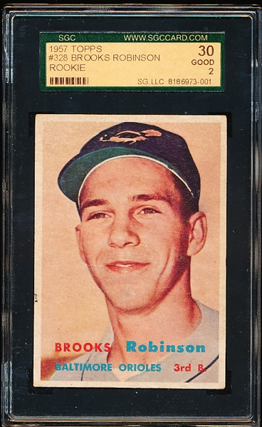 1957 Topps Baseball- #328 Brooks Robinson, Orioles- Rookie!- SGC 30 (Good 2)