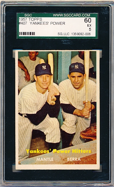 1957 Topps Baseball- #407 Yankee Power- Mantle/Berra- SGC 60 (Ex 5)