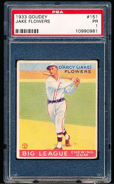 1933 Goudey Baseball- #151 Jake Flowers, Brooklyn Dodgers- PSA PR 1 