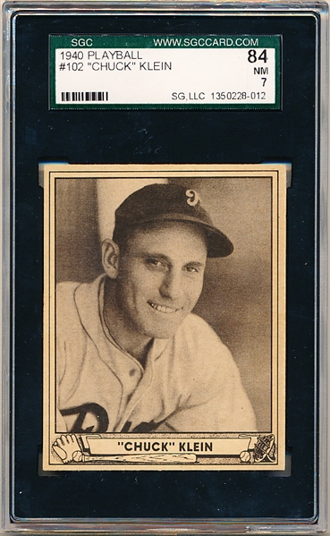 1940 Playball Baseball- #102 Chuck Klein, Phillies- SGC 84 (NM7)