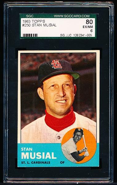 1963 Topps Baseball- #250 Stan Musial, Cardinals- SGC 80 (Ex/NM 6)