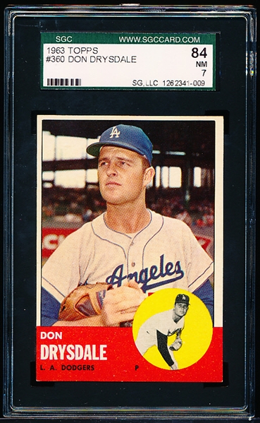 1963 Topps Baseball- #360 Don Drysdale, Dodgers- SGC 84 (NM 7)