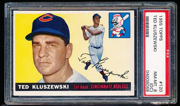 1955 Topps Baseball- #120 Ted Kluszewski, Reds- PSA Nm-Mt 8 (OC)