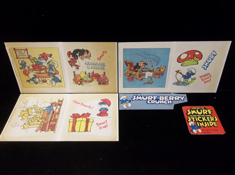 1983 Smurf-Berry Crunch Cereal “Smurfs” Glow-in-the-Dark Sticker Cereal Box Premiums- 3 Diff. Panels