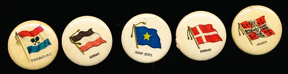 1890’s Whitehead & Hoag “Country Flags” Small Letter Pins- 5 Diff. Sweet Caporal Paper Back Pins