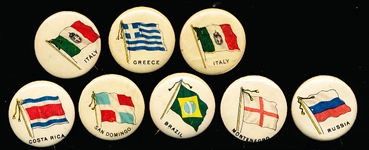 1890’s Whitehead & Hoag “Country Flags” Large Letter Pins- 8 Asst. Sweet Caporal Paper Back Pins