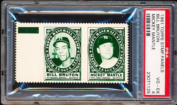 1961 Topps Baseball Stamp Panel with Tab- Bill Bruton (Braves)/ Mickey Mantle (Yankees)- PSA Vg-Ex 4