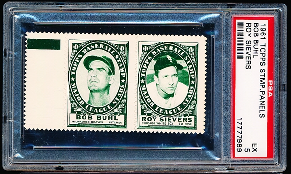 1961 Topps Baseball Stamp Panel with Tab- Bob Buhl (Braves)/ Roy Sievers (White Sox) - PSA Ex 5 