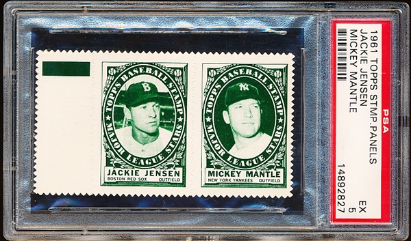 1961 Topps Baseball Stamp Panel with Tab- Jackie Jensen (Red Sox)/ Mickey Mantle (Yankees) - PSA Ex 5