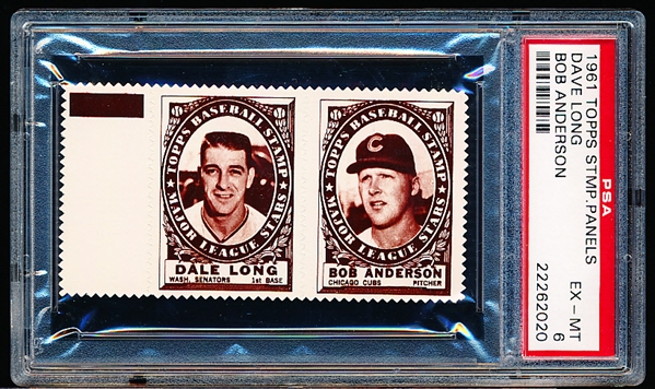 1961 Topps Baseball Stamp Panel with Tab- Dale Long (Wash)/ Bob Anderson (Cubs)- PSA Ex-Mt 6 