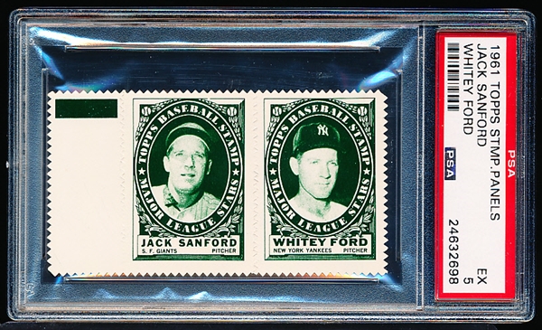1961 Topps Baseball Stamp Panel with Tab- Jack Sanford (Giants)/ Whitey Ford (Yankees)- PSA Ex 5 
