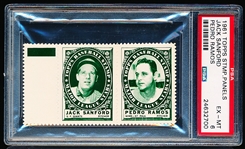 1961 Topps Baseball Stamp Panel with Tab- Jack Sanford (Giants)/ Pedro Ramos (Minn/St. Paul)- PSA Ex-Mt 6
