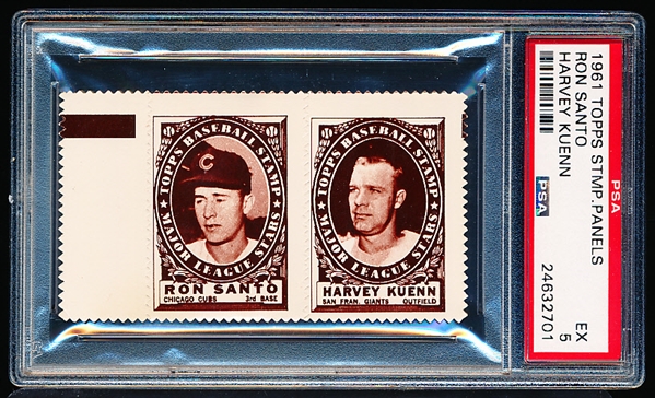 1961 Topps Baseball Stamp Panel with Tab- Ron Santo (Cubs)/ Harvey Kuenn (Giants)- PSA Ex 5