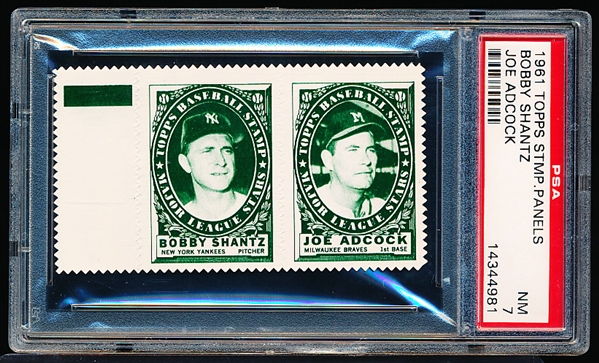 1961 Topps Baseball Stamp Panel with Tab- Bobby Shantz (Yankees)/ Joe Adcock (Braves) -PSA NM 7 