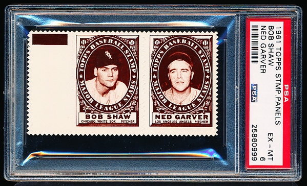 1961 Topps Baseball Stamp Panel with Tab- Bob Shaw (White Sox)/ Ned Garver (Angels)- PSA EX-Mt 6 