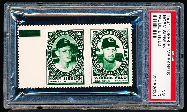 1961 Topps Baseball Stamp Panel with Tab- Norm Sierbern (KC A’s)/ Woodie Held (Cleveland)- PSA NM 7