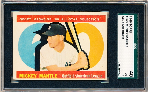 1960 Topps Baseball- #563 Mickey Mantle All Star- SGC 40 (Vg 3)- Hi# 