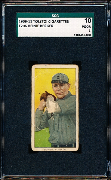 1909-11 T206 Baseball- Heinie Berger, Cleveland- Tolstoi Back- SGC 10 (Poor 1)- Tougher Back!