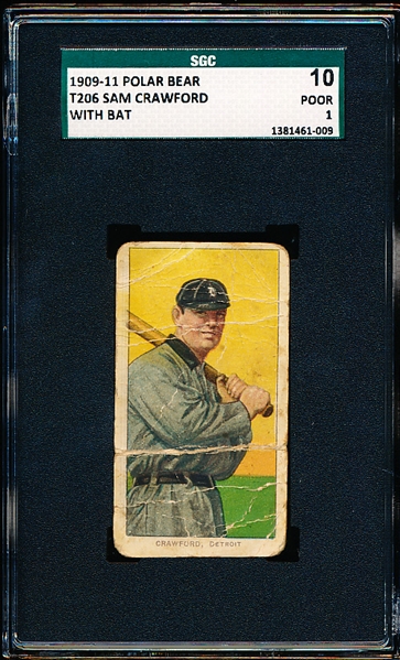 1909-11 T206 Baseball- Sam Crawford, Detroit- With Bat- SGC 10 (Poor 1)- Polar Bear Back!