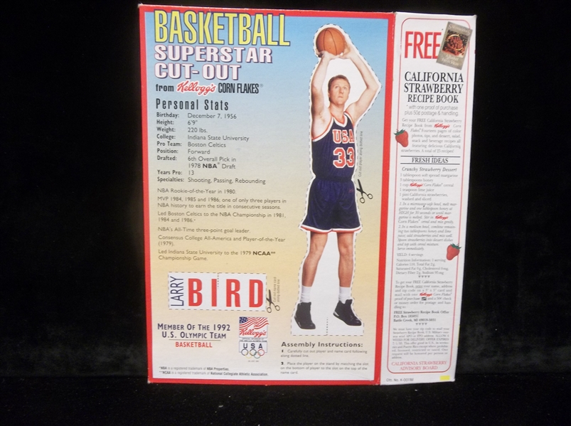 1991 Kellogg’s 12oz. Corn Flakes Folded Down Cereal Box with Larry Bird Cut-Out USA Stand-Up on Back