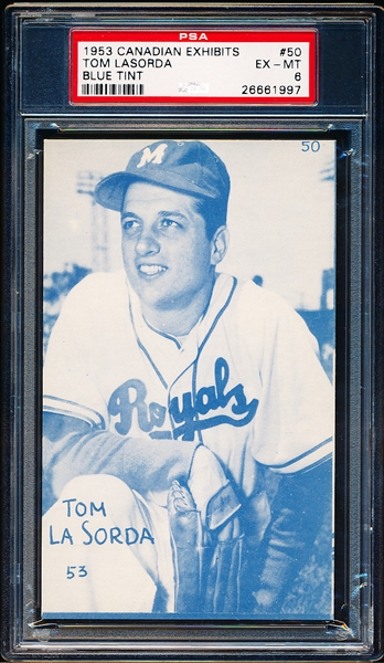 1953 Canadian Baseball Exhibit- #50 Tom LaSorda, Montreal- PSA Ex-Mt 6 – Blue Tint!