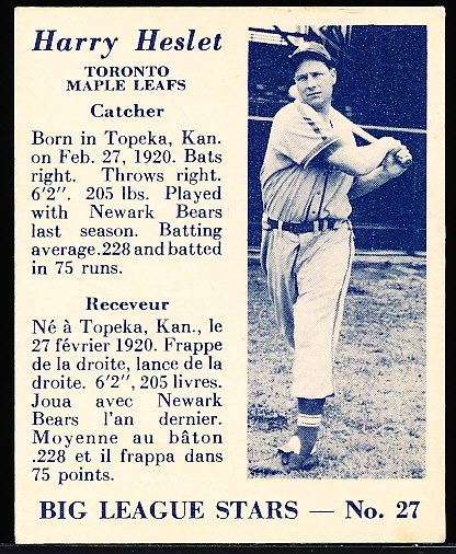 1950 V362 Big League Stars Baseball- #27 Harry Heslet, Toronto Maple Leafs