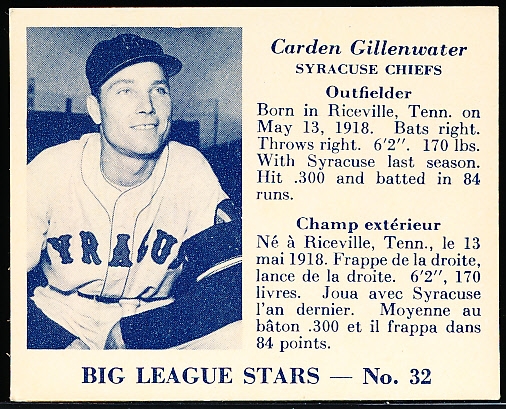 1950 V362 Big League Stars Baseball- #32 Carden Gillenwater, Syracuse Chiefs