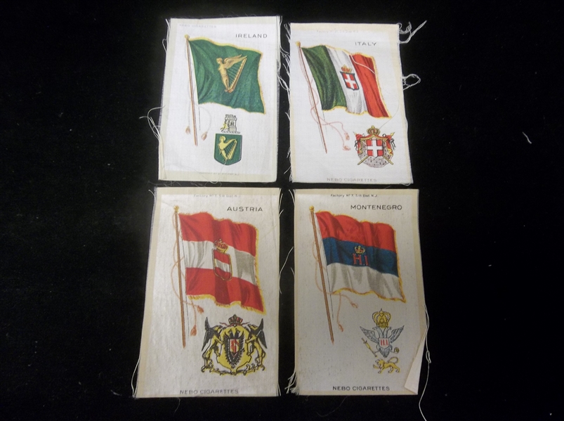 1910’s Nebo Cigarettes “Country Flag & Crest” Medium 3” x 5” Tobacco Silk Premiums- 4 Diff.