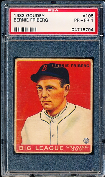 1933 Goudey Baseball- #105 Bernie Friberg, Red Sox- PSA PR-FR 1