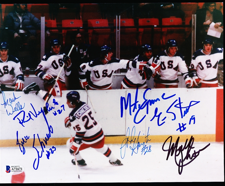 Autographed 1980 U. S. Olympic Hockey Team Color 8” x 10” Photo by 7 Diff. Members- Beckett Authenticated