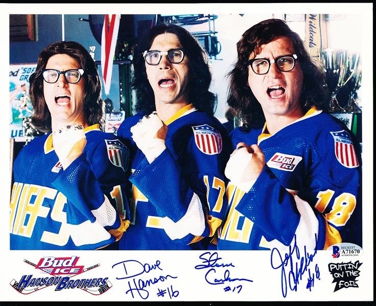 Autographed Bud Light Hansen Brothers Color 8” x 10 Hockey “Slapshot” Photo- Beckett Authenticated