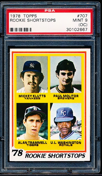 1978 Topps Baseball- #707 Rookie Shortstops- Trammell/ Molitor- PSA Mint 9 (OC)
