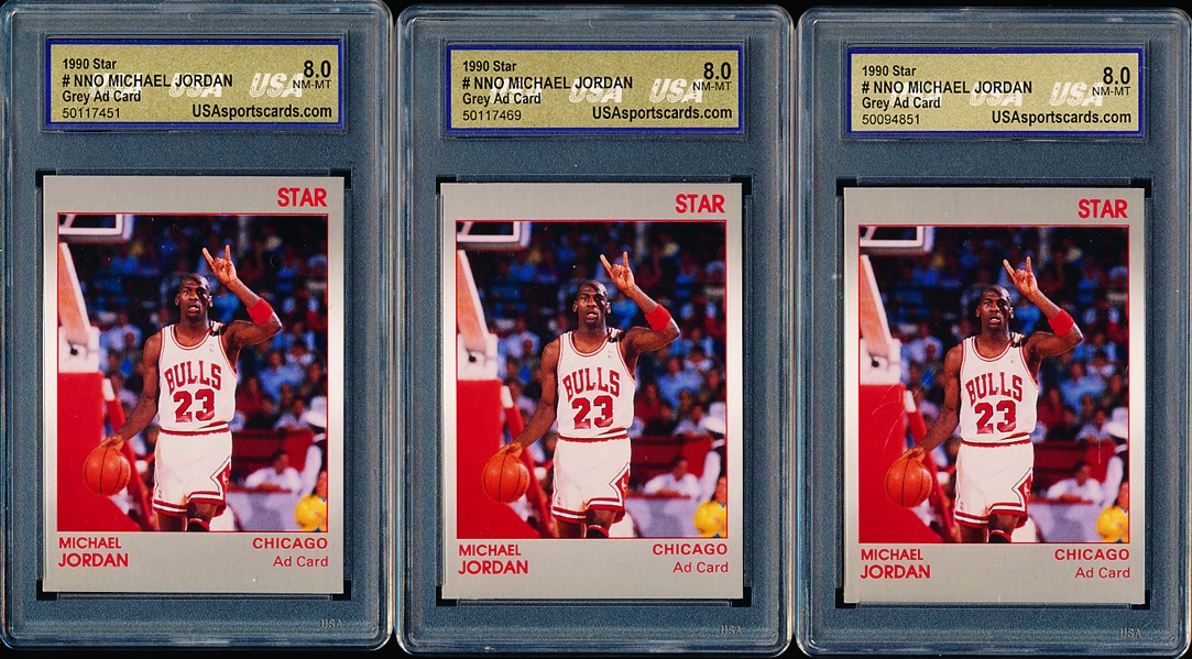 1990 Star Company Bskbl. “Grey Ad Card”- Michael Jordan- 3 Cards- All Graded USA Near Mint to Mint 8.