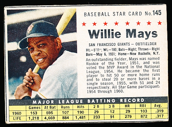 1961 Post Baseball- #145 Willie Mays, Giants