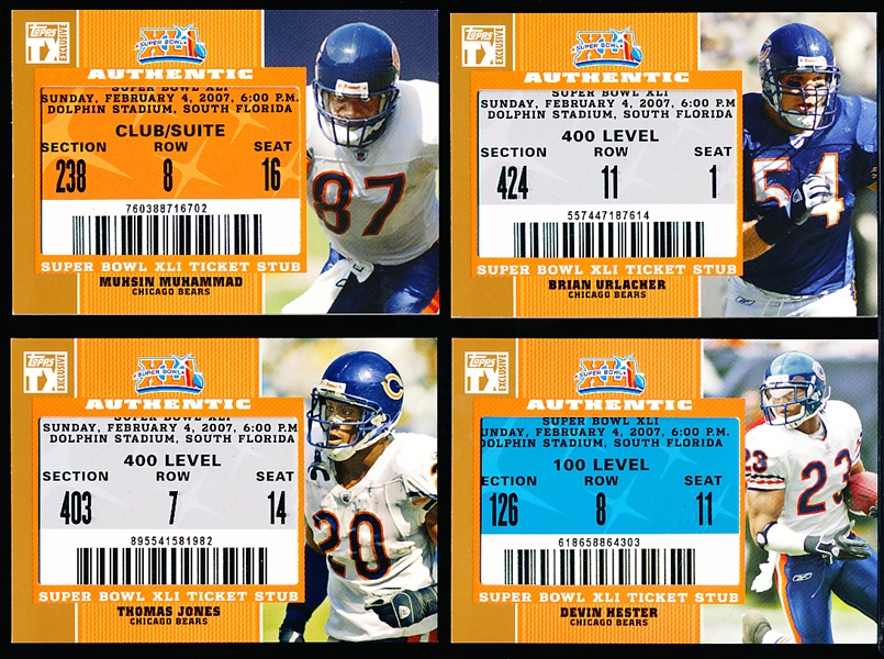2007 Topps TX Exclusive Ftbl. “Super Bowl XLI Ticket Stub”- 4 Diff. Chicago Bears