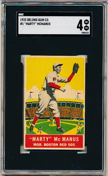1933 DeLong Gum Co. Bb- #1 Marty McManus, Boston Red Sox- SGC 4 (Vg-Ex)